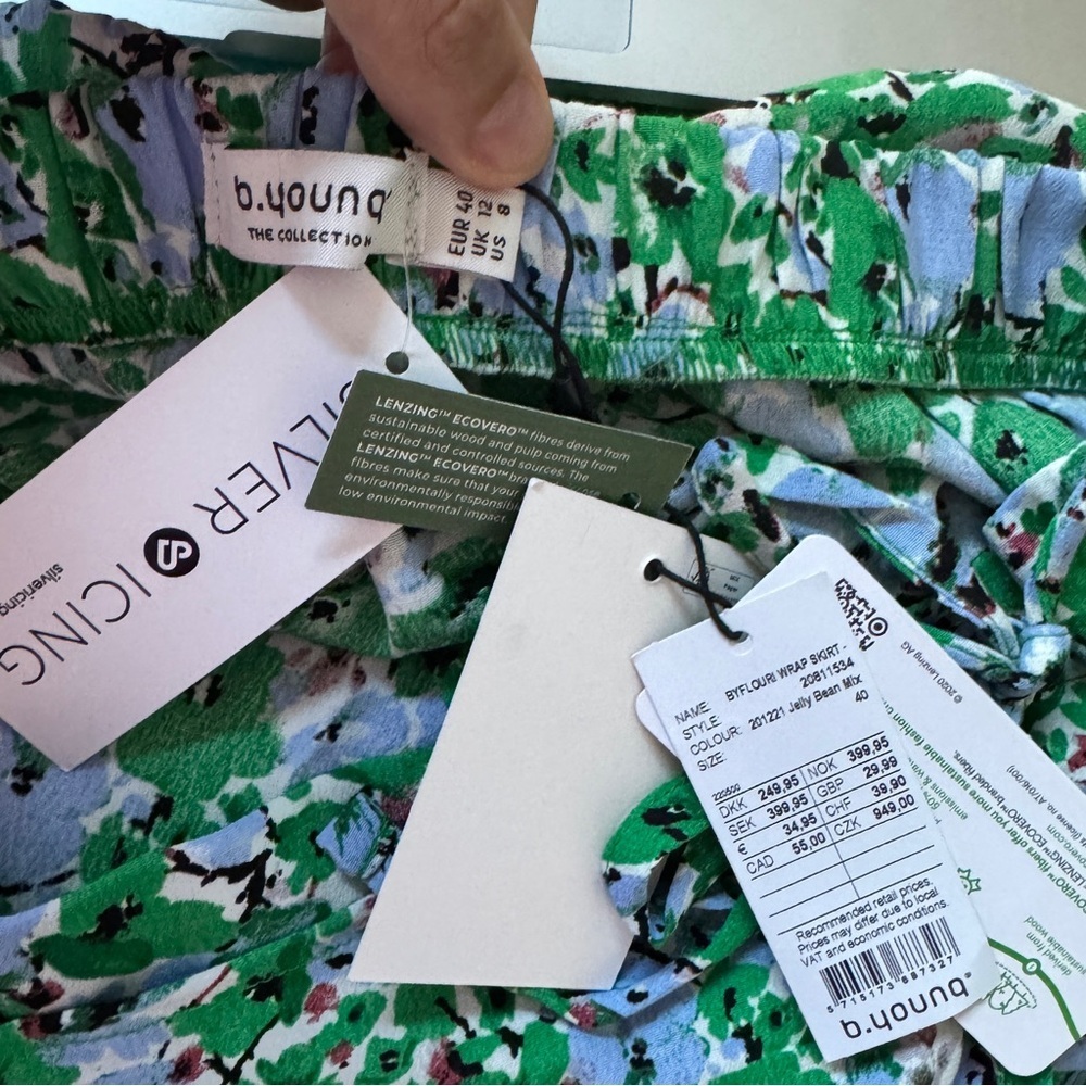 B Young Womens Floral Wrap Midi Skirt Size 40 Green Sustainable Preppy Work NWT - Picture 2 of 8